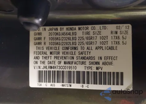 2012 Honda Cr-V Ex-L from USA, damaged, VIN JHLRM4H73CC019510